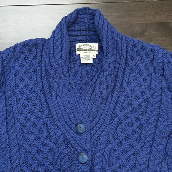 Aran Crafts Sweater Womens Medium Irish Cable Knit Button Front Cardigan Blue - Picture 11 of 12